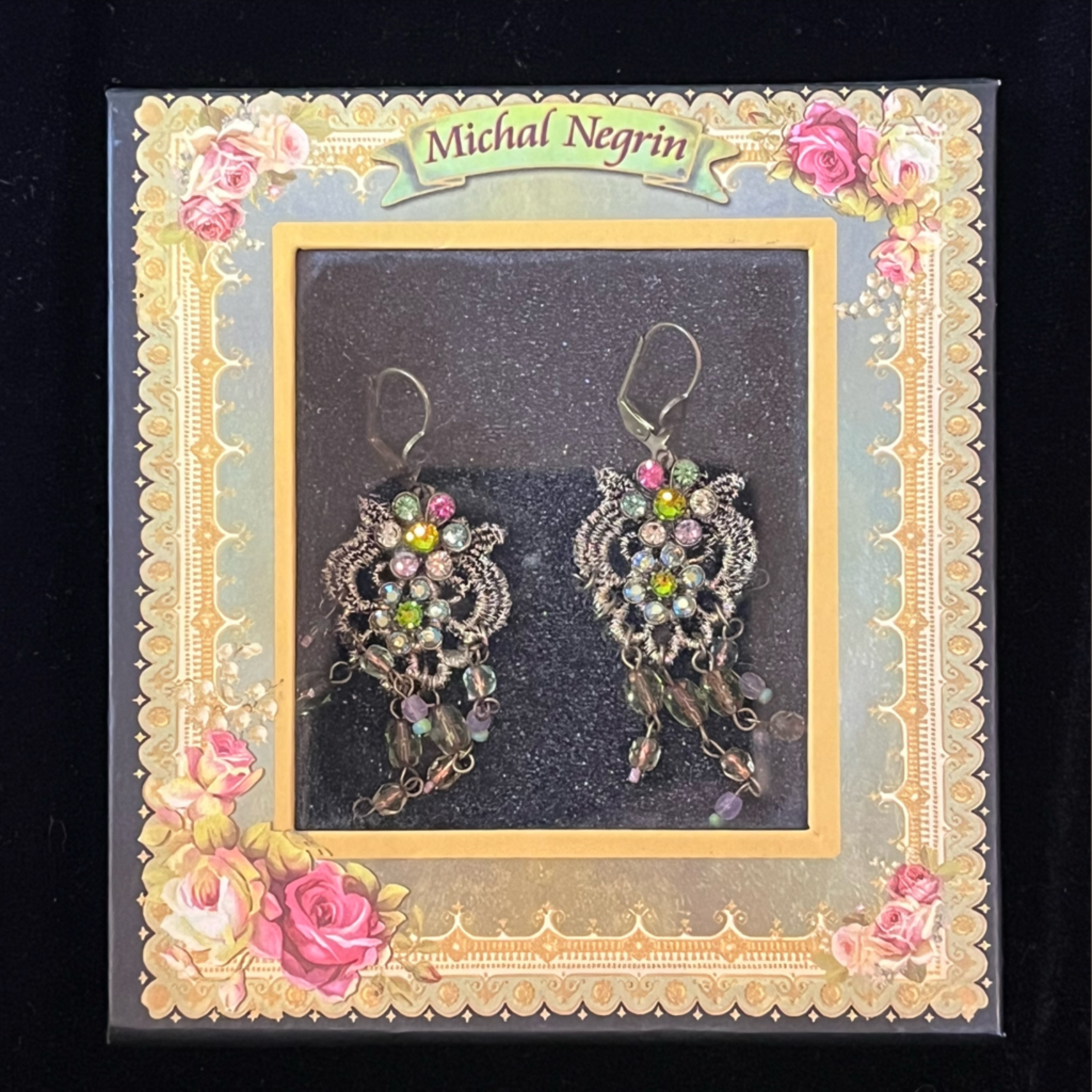 Vintage *Rare* Michal Negrin Multicolor Hanging Earrings, Lace & Crystal Design